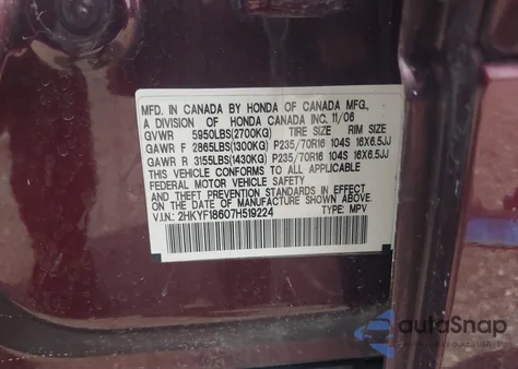2007 Honda Pilot Ex-L from USA, damaged, VIN 2HKYF18607H519224
